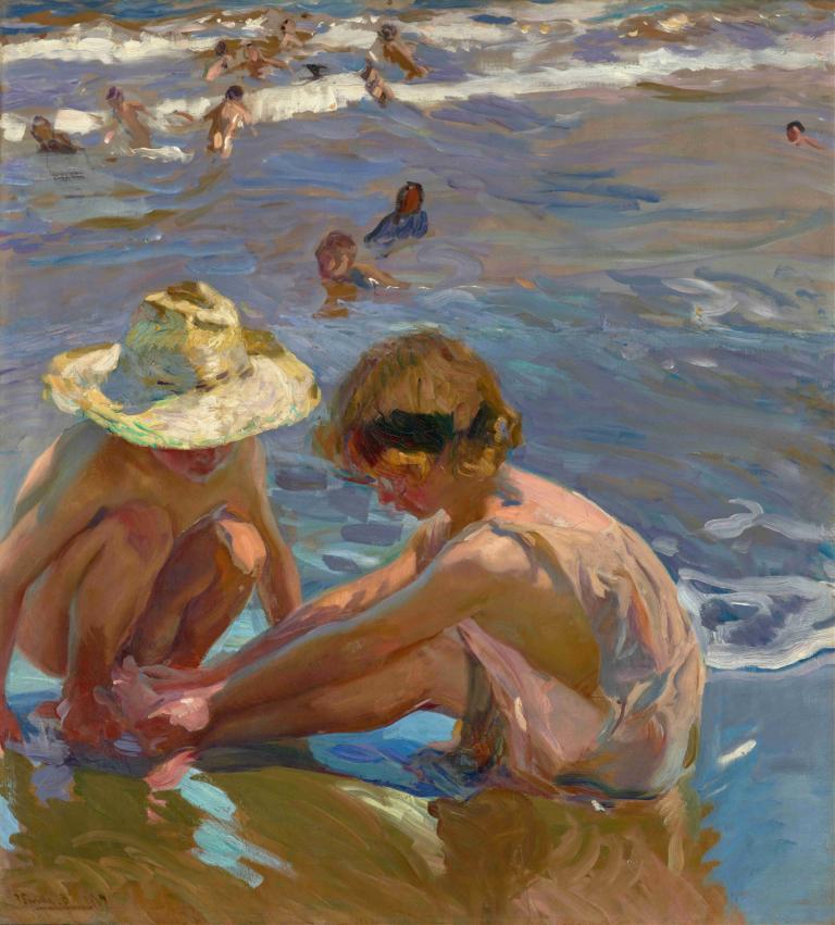 The Wounded Foot,De gewonde voet,Joaquín Sorolla,Olieverf,Olieverf, water, strand, buitenshuis, hoed