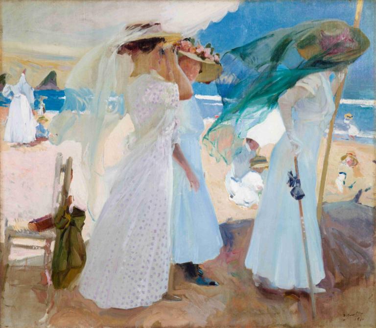 Under the Awning, Zarauz,Onder de luifel, Zarauz,Joaquín Sorolla,Olieverf,Olieverf, jurk, witte jurk, hoed