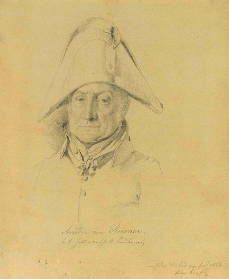 Anton von Reismer,Johann Peter Krafft,Sketch,Sketch, hat, solo, 1boy, monochrome, male focus