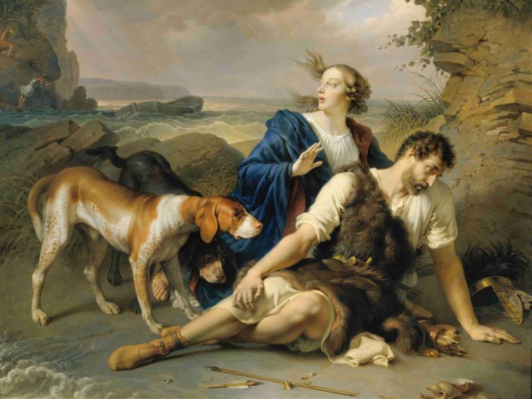 Arindal and Daura,Johann Peter Krafft,Oil Painting,Oil Painting, fine art parody, dog, outdoors, parody