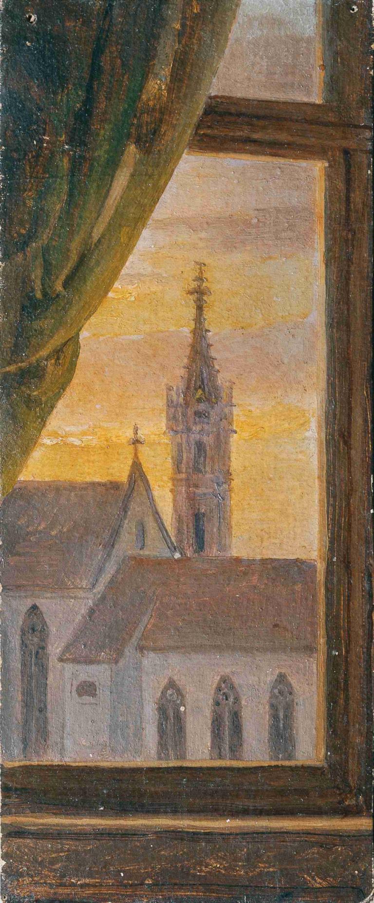 Blick durch ein Fenster auf einen gotischen Kirchturm,Johann Peter Krafft,Oil Painting,Oil Painting, window