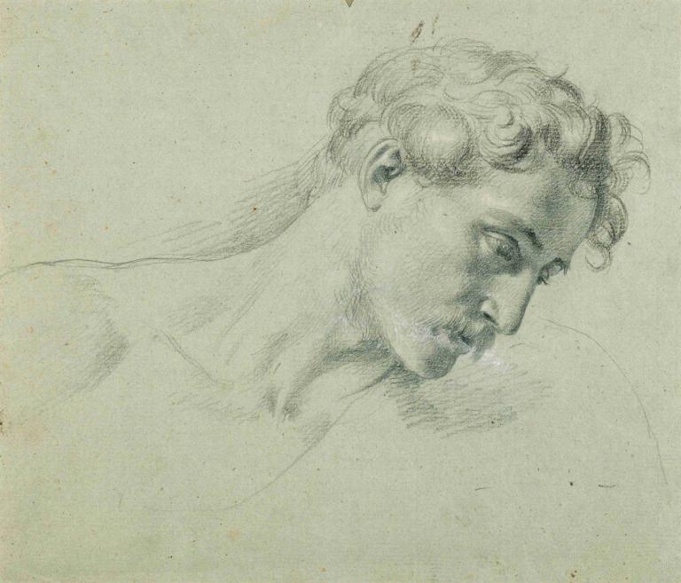 Kopfstudie zu 'Arindal und Daura',Johann Peter Krafft,Sketch,Sketch, solo, 1boy, male focus, monochrome