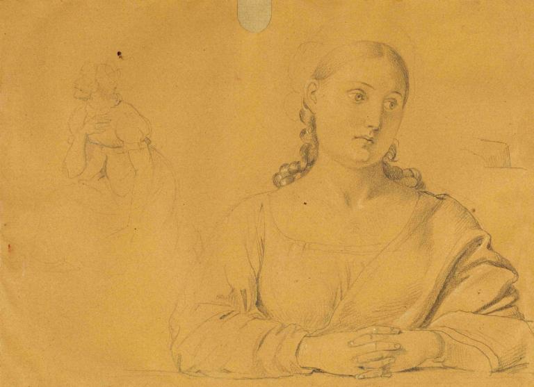 Studie eines Mädchens,Johann Peter Krafft,Sketch,Sketch, 1girl, braid, traditional media, sketch, mole