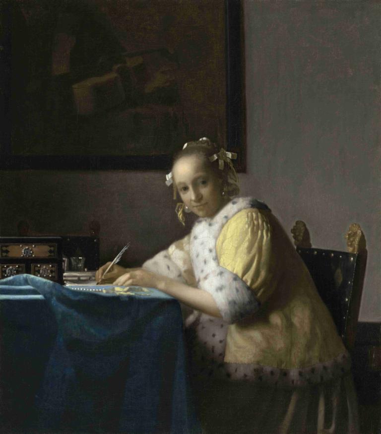 A Lady Writing,Johannes Vermeer,Oil Painting,Oil Painting, fine art parody, solo, 1girl, realistic, sitting