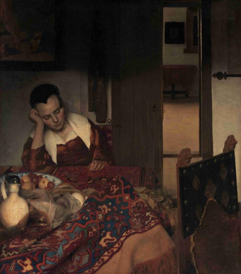 A Maid Asleep,Johannes Vermeer,Oil Painting,Oil Painting, black hair, 1boy, male focus, table, indoors, solo