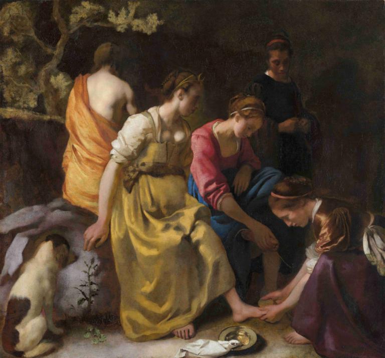 Diana and Her Nymphs,Johannes Vermeer,Oil Painting,Oil Painting, fine art parody, multiple girls, barefoot