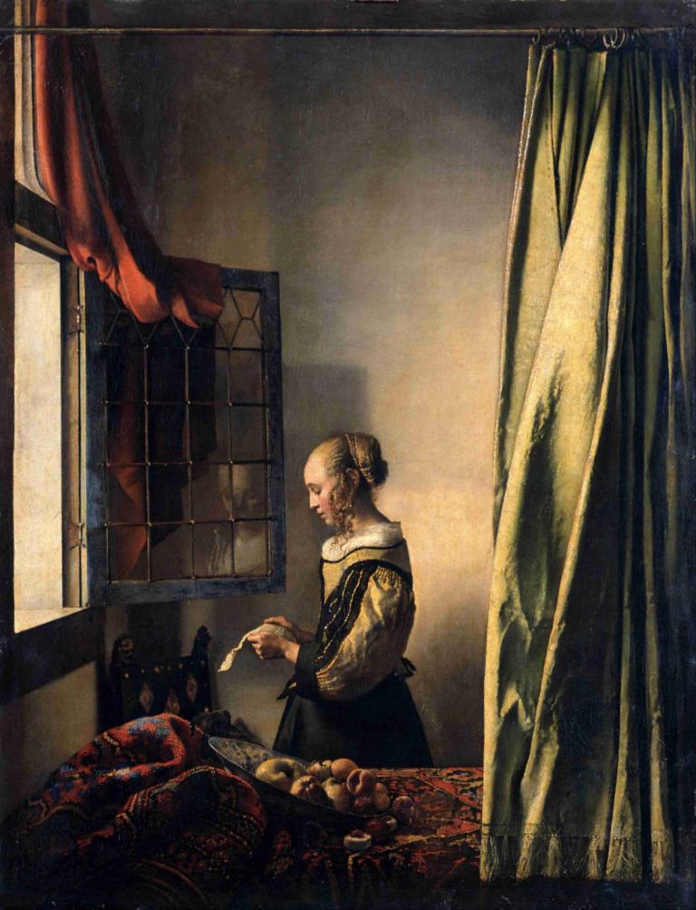 Girl Reading A Letter By An Open Window,Johannes Vermeer,Oil Painting,Oil Painting, 1girl, solo, window