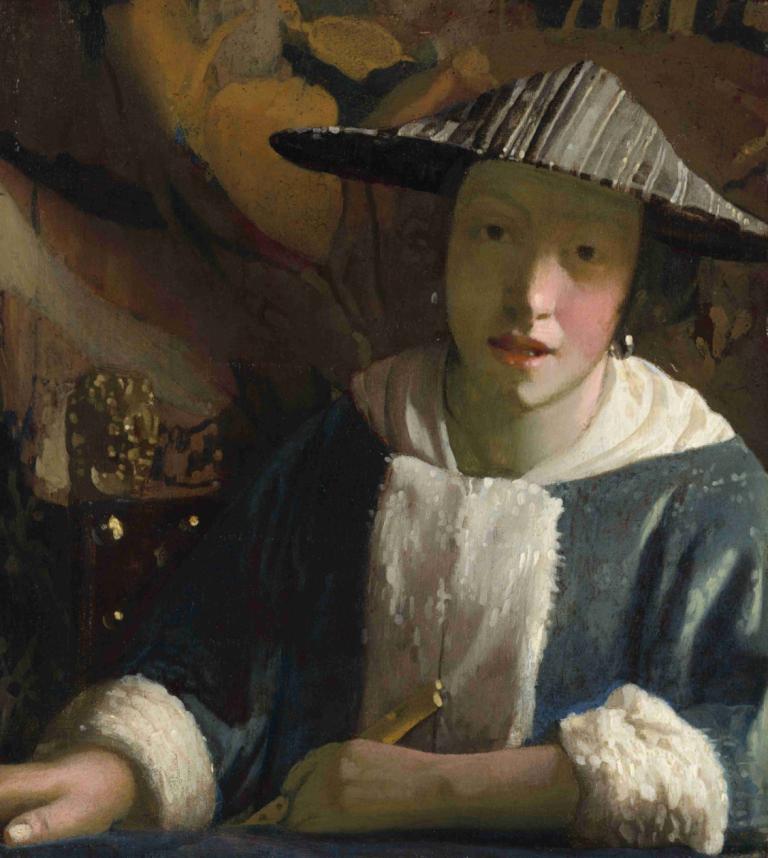 Girl with a Flute,Johannes Vermeer,Oil Painting,Oil Painting, hat, solo, 1girl, jewelry, looking at viewer