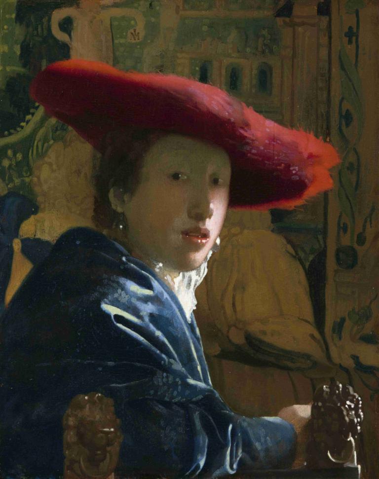 Girl with the Red Hat,Johannes Vermeer,Oil Painting,Oil Painting, hat, cup, solo, 1girl, fine art parody