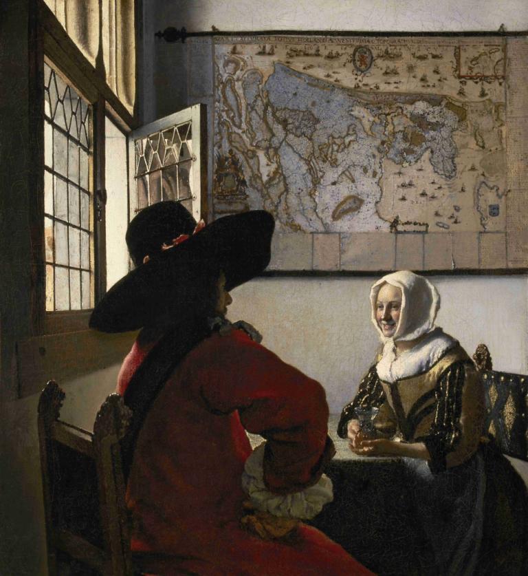 Officer and Laughing Girl,Johannes Vermeer,Oil Painting,Oil Painting, fine art parody, hat, window, chair