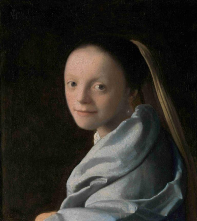 Study of a Young Woman,Johannes Vermeer,Oil Painting,Oil Painting, solo, realistic, ponytail