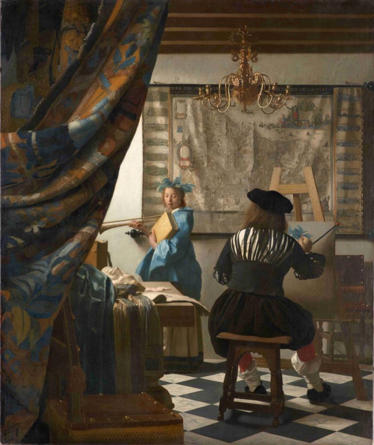 The Art of Painting,Johannes Vermeer,Oil Painting,Oil Painting, curtains, indoors, hat, holding