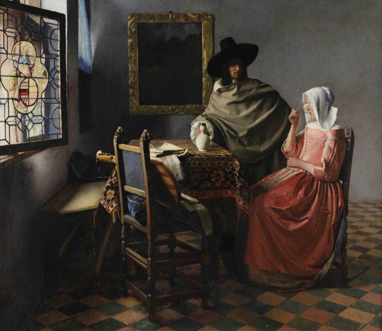 The Glass of Wine,Johannes Vermeer,Oil Painting,Oil Painting, 1girl, 1boy, window, chair, hat, sitting, dress