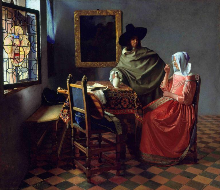 The Glass of Wine,Johannes Vermeer,Oil Painting,Oil Painting, 1girl, 1boy, dress, hat, chair, sitting, window