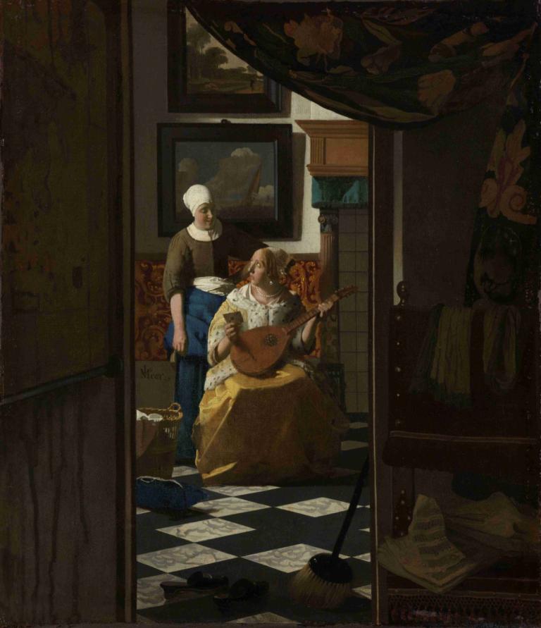 The Love Letter,De liefdesbrief,Johannes Vermeer,Olieverf,Olieverf, instrument, muziek, binnenshuis, zitten