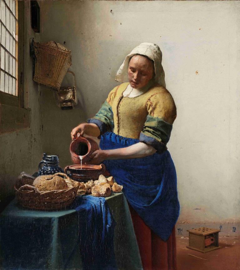 The Milkmaid,밀크메이드,Johannes Vermeer,요하네스 베르메르,오일 페인팅,오일 페인팅, 미술 패러디, 1남, 독주, 남성 집중, 현실적인, 머리 스카프, 바구니