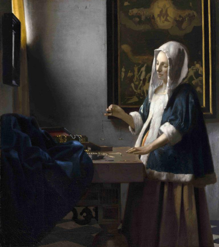 Woman Holding a Balance,Johannes Vermeer,Oil Painting,Oil Painting, fine art parody, hood, indoors, table