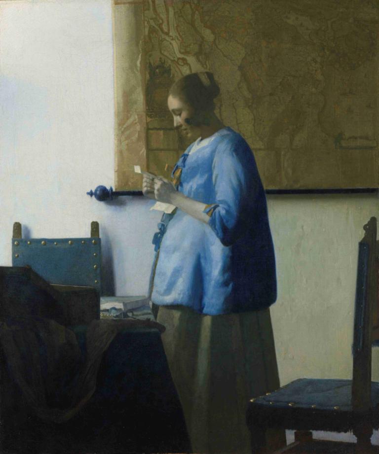 Woman Reading a Letter,Vrouw leest brief,Johannes Vermeer,Olieverf,Olieverf, 1 jongen, mannelijke focus, solo