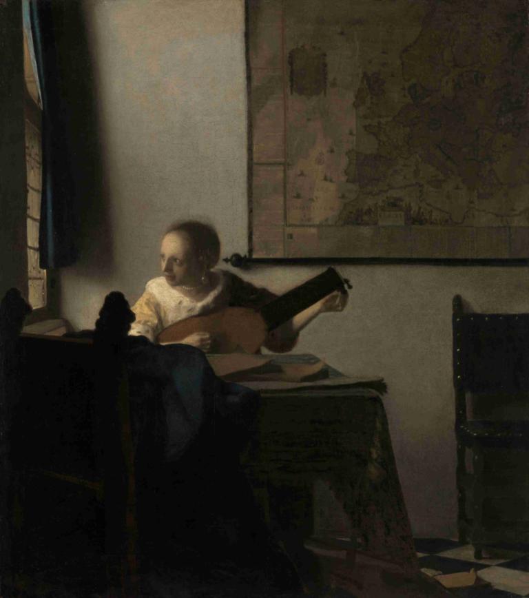 Young Woman with a Lute,Johannes Vermeer,Oil Painting,Oil Painting, instrument, 1boy, music, male focus