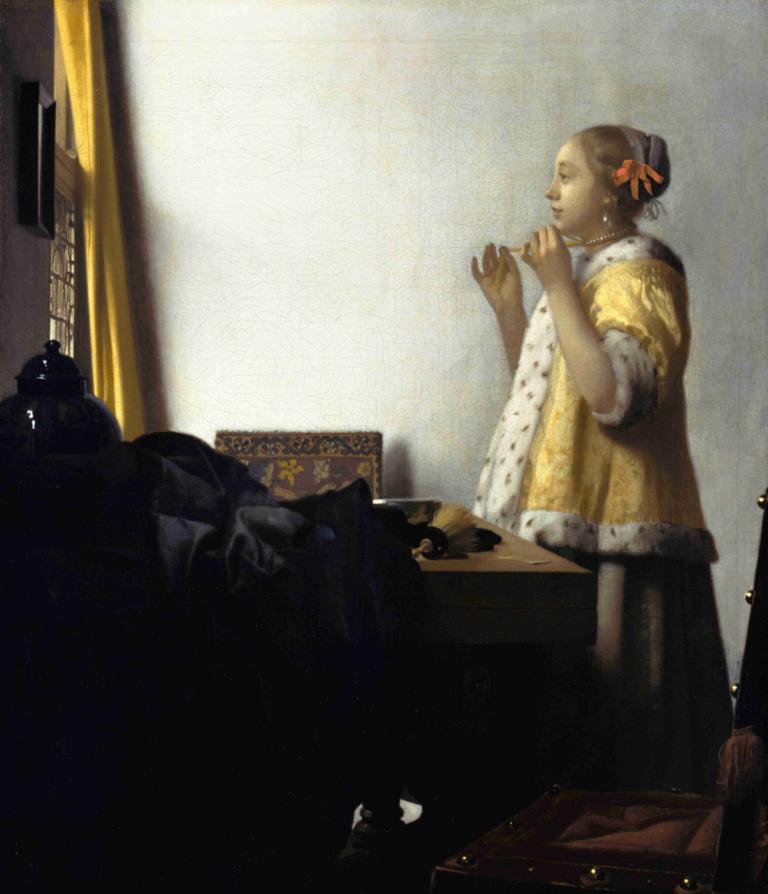 Young Woman with a Pearl Necklace,Johannes Vermeer,Oil Painting,Oil Painting, 1girl, fine art parody, jewelry