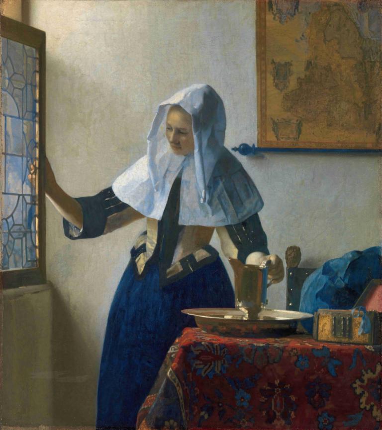 Young Woman with a Water Pitcher,Johannes Vermeer,Oil Painting,Oil Painting, fine art parody, solo, indoors