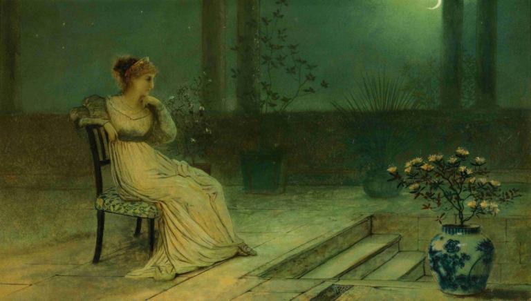 A Classical Maiden Seated On A Terrace By Moonlight,月明かりに照らされたテラスに座るクラシカルな乙女,John Atkinson Grimshaw