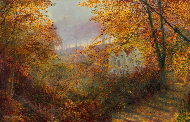 A House in a Clearing,清算中的一所房子,John Atkinson Grimshaw,約翰·阿特金森·格裡姆肖,油畫,油畫, 風景, 戶外, 樹, 秋天, 秋天的樹葉, 自然, 沒有人類, 葉子