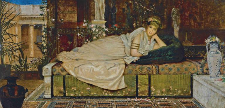 A Lady in a Classical Interior,John Atkinson Grimshaw,Oil Painting,Oil Painting, blonde hair, solo, 1girl