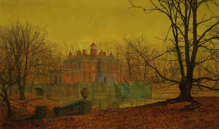 A Moated Yorkshire Home,John Atkinson Grimshaw,Oil Painting,Oil Painting, tree, scenery, bare tree, no humans