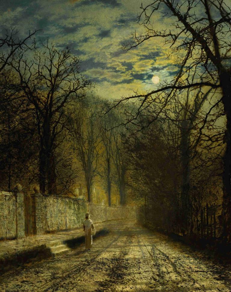 A Moonlit Street,John Atkinson Grimshaw,Oil Painting,Oil Painting, tree, moon, cloud, sky, scenery, outdoors