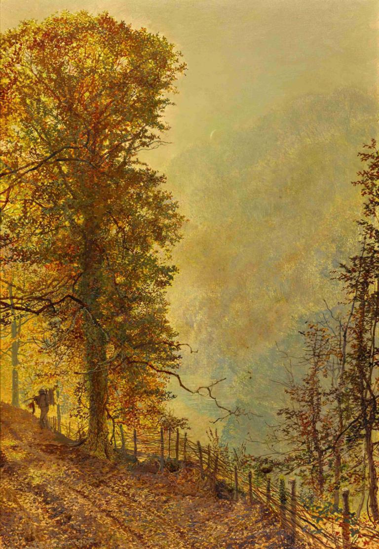 A Rabbit Hunter On A Riverside Road,John Atkinson Grimshaw,Oil Painting,Oil Painting, tree, outdoors, scenery