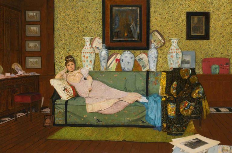 A Reverie, In The Artist's House,John Atkinson Grimshaw,Oil Painting,Oil Painting, 1girl, couch, solo