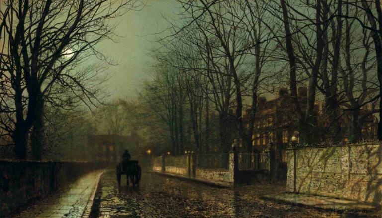 A Wet Moon, Putney Road,John Atkinson Grimshaw,Oil Painting,Oil Painting, tree, scenery, bare tree, outdoors