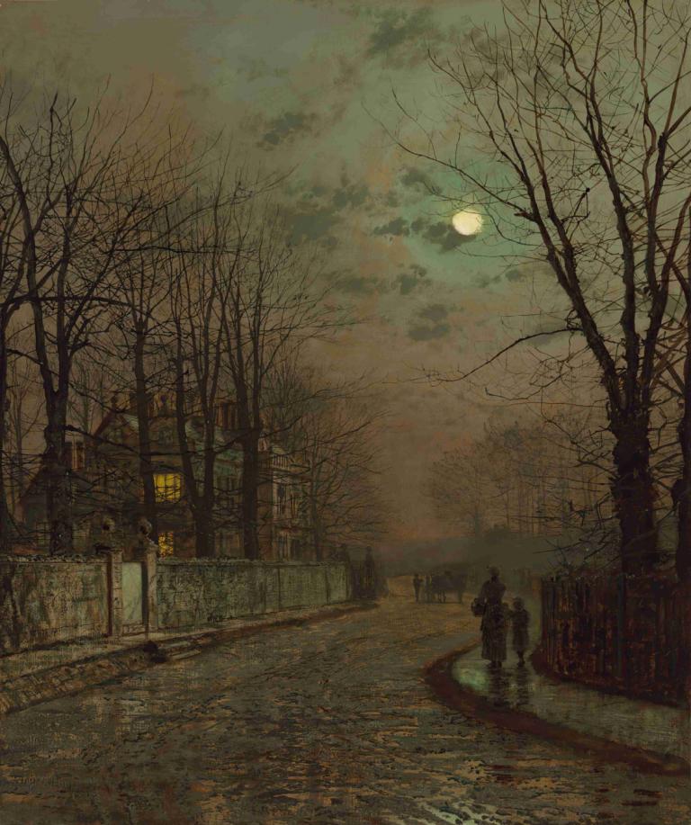 A Wet Road, Knostrop, Yorkshire,John Atkinson Grimshaw,Oil Painting,Oil Painting, tree, bare tree, moon