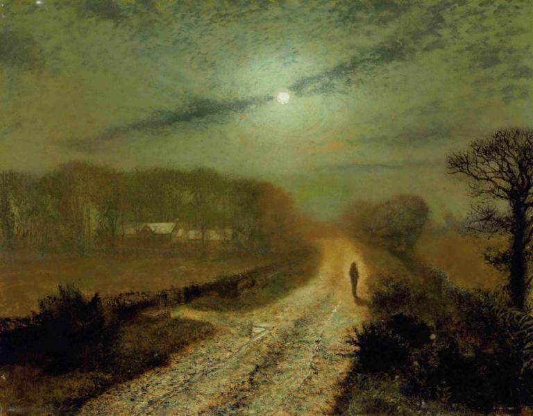 A moonlit landscape,John Atkinson Grimshaw,Oil Painting,Oil Painting, tree, scenery, outdoors, road