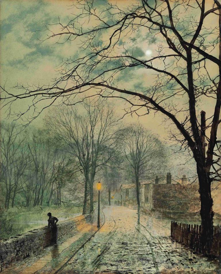 A moonlit stroll, Bonchurch, Isle of Wight,John Atkinson Grimshaw,Oil Painting,Oil Painting, tree