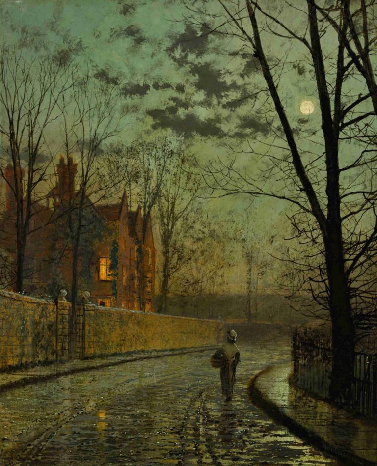 After The Shower,John Atkinson Grimshaw,Oil Painting,Oil Painting, tree, bare tree, moon, outdoors, scenery