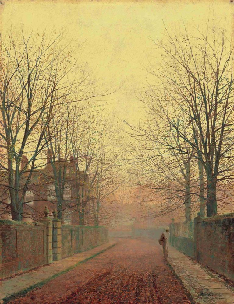 An Autumn Lane,一條秋天的小巷,John Atkinson Grimshaw,約翰·阿特金森·格裡姆肖,油畫,油畫, 樹, 光禿禿的樹, 戶外, 風景, 獨奏, 路, 傳統媒體, 1個女孩, 大樓