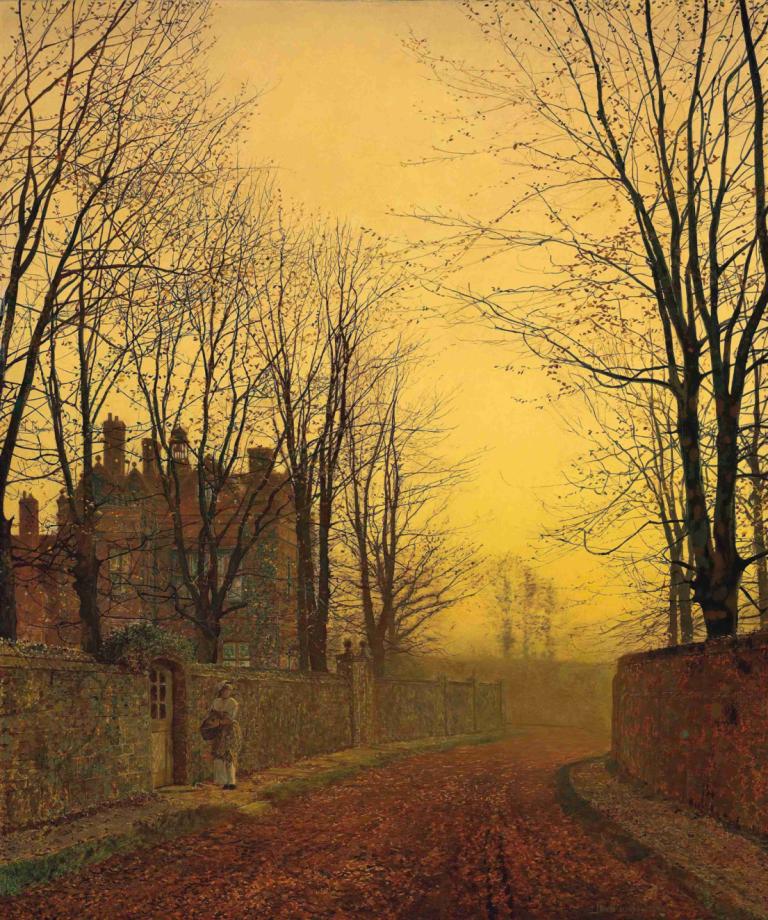 An autumn lane,John Atkinson Grimshaw,Oil Painting,Oil Painting, tree, bare tree, scenery, outdoors, sunset