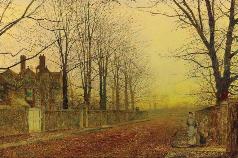 Autumn Glory,John Atkinson Grimshaw,Oil Painting,Oil Painting, tree, scenery, outdoors, bare tree