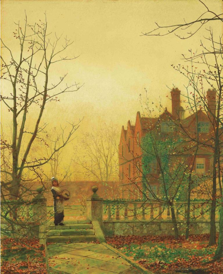 Autumn Gold,John Atkinson Grimshaw,Oil Painting,Oil Painting, tree, solo, instrument, scenery, outdoors