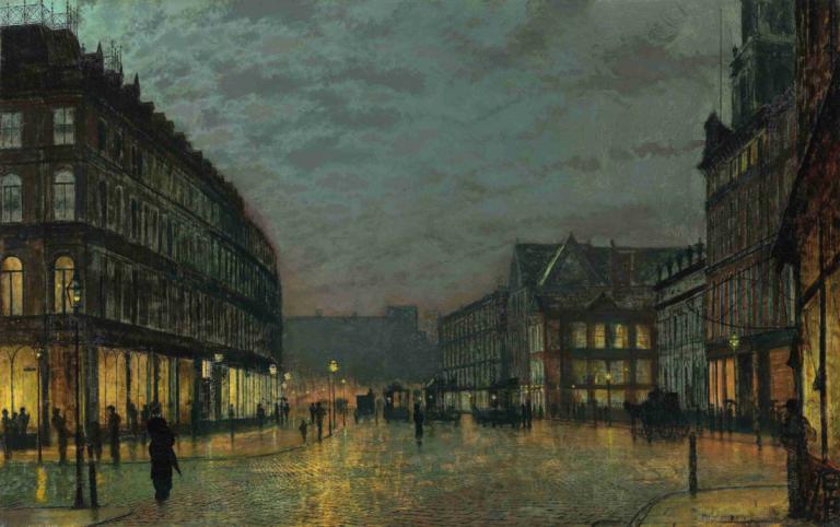 Boar Lane, Leeds by lamplight,John Atkinson Grimshaw,Oil Painting,Oil Painting, scenery, cloud, sky, outdoors