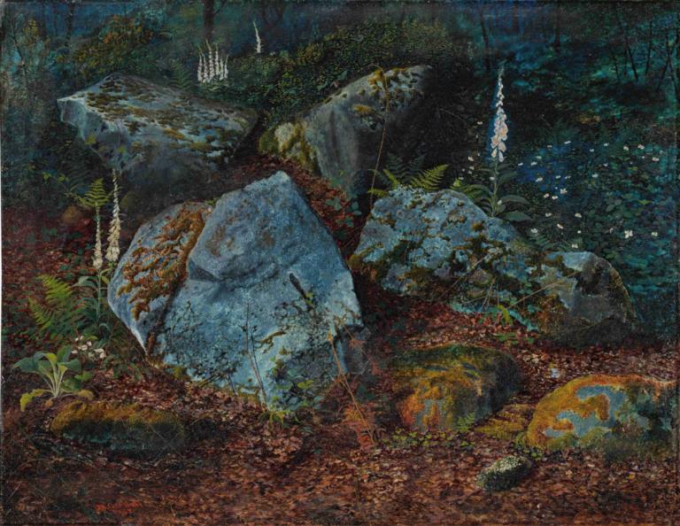 Boulders In Storsforth Wood,스토스포스 우드의 바위,John Atkinson Grimshaw,존 앳킨슨 그림쇼,오일 페인팅,오일 페인팅, 경치, 인간은 없어, 폭포, 자연