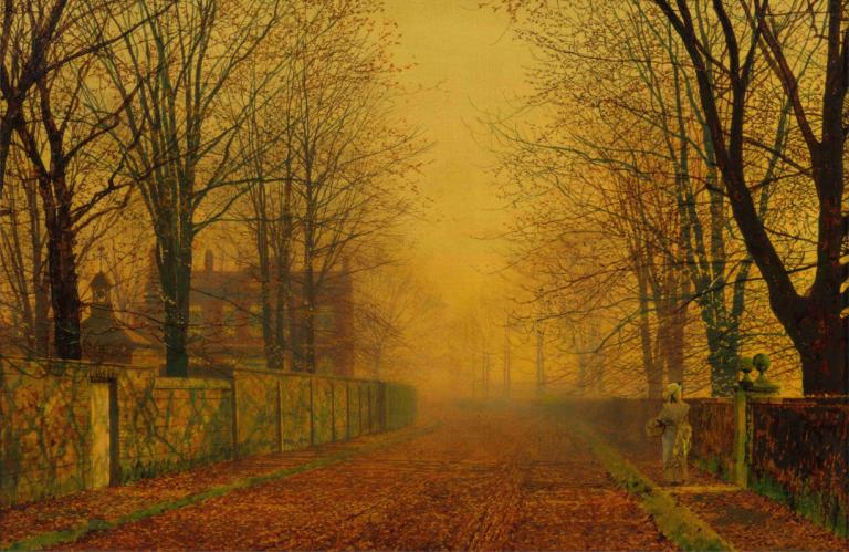 Evening Glow,Večerni sijaj,John Atkinson Grimshaw,Oljna slika,Oljna slika, drevo, kulisa, na prostem