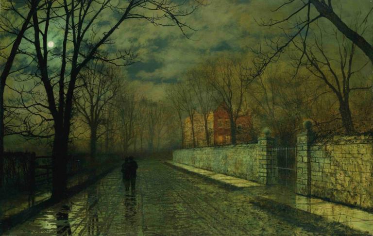 Figures In A Moonlit Lane After Rain,비가 내린 후 달빛이 비치는 차도의 인물들,John Atkinson Grimshaw,존 앳킨슨 그림쇼,오일 페인팅,오일 페인팅