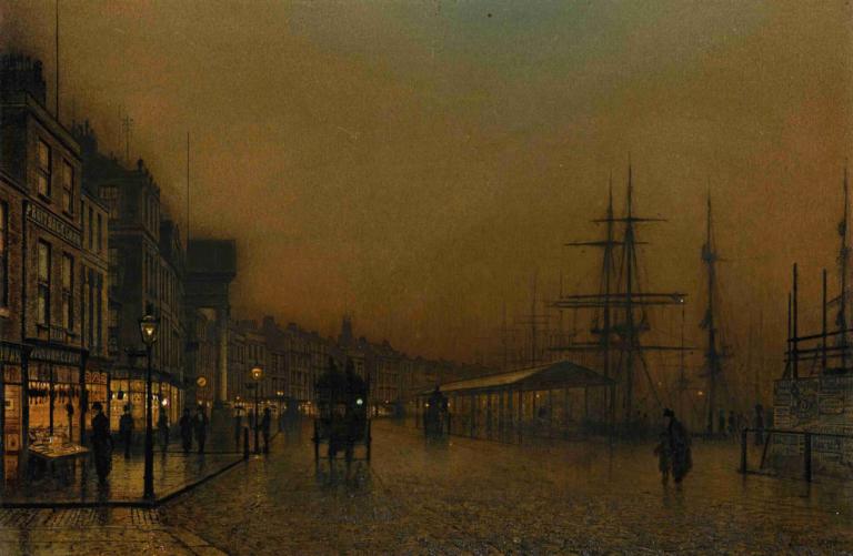 Glasgow,글래스고,John Atkinson Grimshaw,존 앳킨슨 그림쇼,오일 페인팅,오일 페인팅, 경치, 옥외, 건물, 가로등 기둥, 도시, 전통 미디어, 하늘, 도로, 밤, 거리