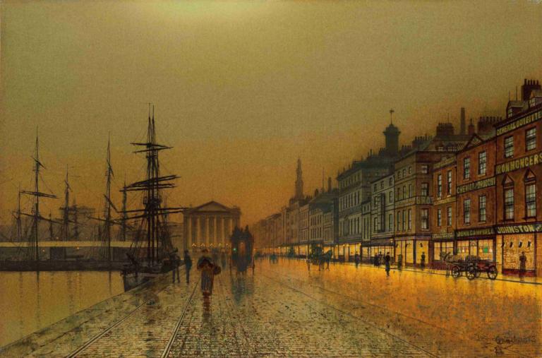 Greenock Harbour at night,그리녹 항구의 밤,John Atkinson Grimshaw,존 앳킨슨 그림쇼,오일 페인팅,오일 페인팅, 경치, 옥외, 건물, 지상 차량, 자동차