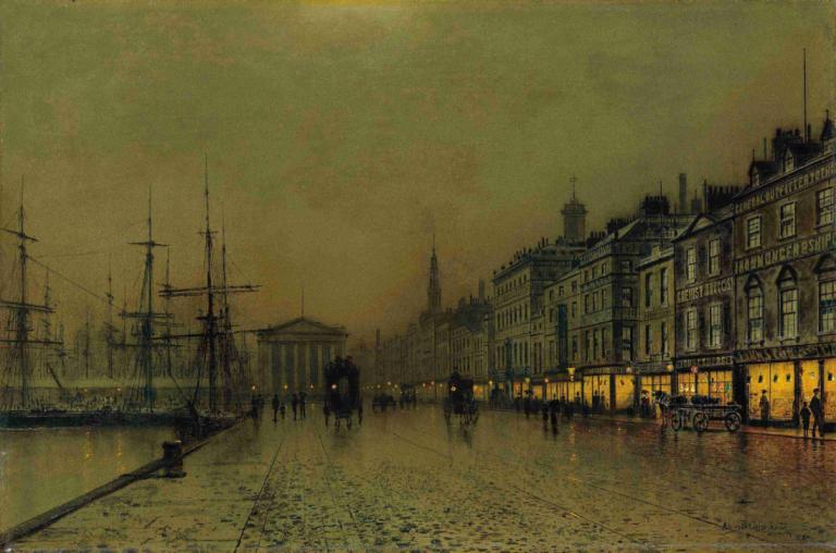 Greenock dockside by night,綠鳥在夜裡停靠在碼頭,John Atkinson Grimshaw,約翰·阿特金森·格裡姆肖,油畫,油畫, 風景, 戶外, 大樓, 沒有人類, 傳統媒體, 天空