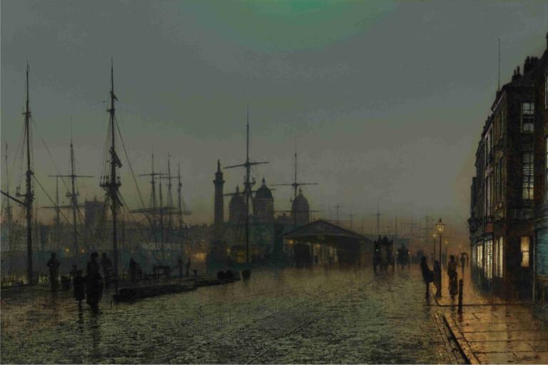 Hull Docks At Night,夜色中的船塢,John Atkinson Grimshaw,約翰·阿特金森·格裡姆肖,油畫,油畫, 風景, 戶外, 路, 沒有人類, 大樓, 天空, 街道, 城市, 燈柱