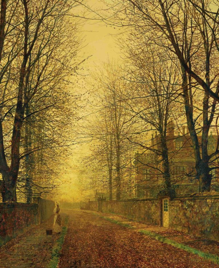 In Autumn's Golden Glow,Syksyn kultaisessa hehkussa,John Atkinson Grimshaw,Öljymaalaus,Öljymaalaus, puu